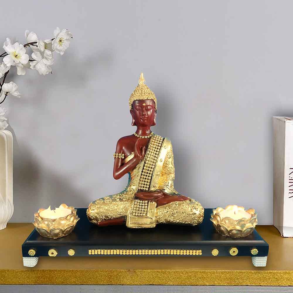 Meditating Buddha Statue on Wooden Tray